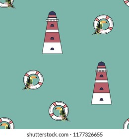 Travel seamless pattern with lighthouse and toucan. Marine background with a beacon of lifebuoys. Toucan. Summer pattern with a beacon for covers, cloth and paper.