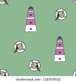 Travel seamless pattern with lighthouse and toucan. Marine background with a beacon of lifebuoys. Toucan. Summer pattern with a beacon for covers, cloth and paper.