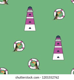 Travel seamless pattern with lighthouse and toucan. Marine background with a beacon of lifebuoys. Toucan. Summer pattern with a beacon for covers, cloth and paper.