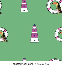 Travel seamless pattern with lighthouse and toucan. Marine background with a beacon of lifebuoys. Toucan. Summer pattern with a beacon for covers, cloth and paper.