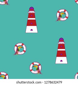 Travel seamless pattern with lighthouse and toucan. Marine background with a beacon of lifebuoys. Toucan. Summer pattern with a beacon for covers, cloth and paper.
