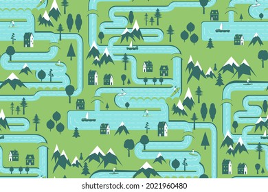 Travel seamless pattern. Meadows, glades, mountains, rivers and travelers on stand-up paddle board. Vector.