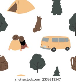 travel seamless pattern, mountain landscape background, road trip digital paper, travel illustration clipart, journey scrapbook paper, people animals vector images flat style, simple forest