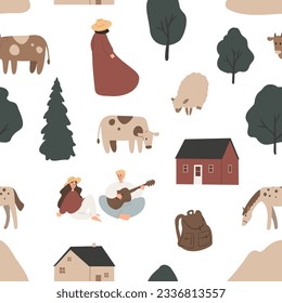 travel seamless pattern, mountain landscape background, road trip digital paper, travel illustration clipart, journey scrapbook paper, people animals vector images flat style, simple forest