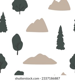 travel seamless pattern, mountain landscape background, road trip digital paper, travel illustration clipart, journey scrapbook paper, people animals vector images flat style, simple forest