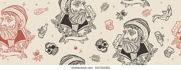 Travel seamless pattern. Old school tattoo style. Old captain, retro style Traditional tattooing vintage background 