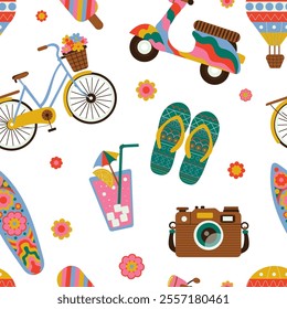 travel seamless pattern on white background, features scooters, bicycles, flip-flops, cameras, surfboards, drinks, balloons, ice creams, and colorful flowers.