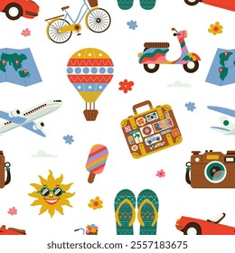 travel seamless pattern on a white background, featuring items like airplanes, hot air balloons, suitcases, maps, bicycles, scooters, sunglasses, flip-flops, ice creams, cameras, cars, and flowers.