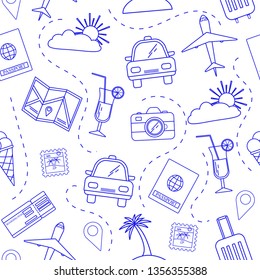 Travel seamless pattern with outline icons. Vector illustration for background