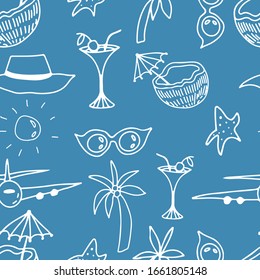 Travel seamless pattern. Palm tree, glasses, cocktail, hat, sun. Abstract print of a white outline against a blue delicate background. Stock vector illustration.