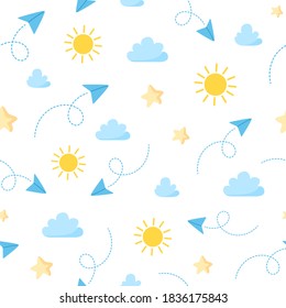 Travel seamless pattern - paper plane, sun, clouds and stars on white background, simple travel trip or vacation theme pattern - vector endless texture or scrapbook digital paper