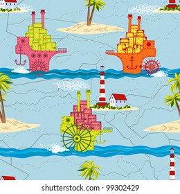 Travel seamless pattern with passenger ships, islands with palm trees and lighthouse in a retro style