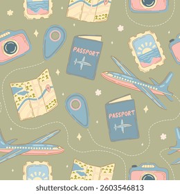 Travel seamless pattern. Prints with elements for a trip in flat hand-drawn style. Vector.