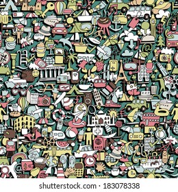 Travel seamless pattern (repeated) with mini doodle drawings (icons). Illustration is in eps8 vector mode.