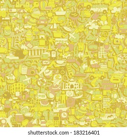 Travel seamless pattern (repeated) with mini doodle drawings (icons). Illustration is in eps8 vector mode.
