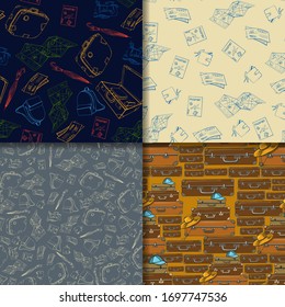 Travel seamless pattern set with suitcase, map, umbrella, passport, wallet, tickets, backpack. Vector illustrations