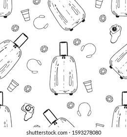 Travel seamless pattern with suitcase on wheels, donut, headphones, camera and a paper cup of coffee,tea or water isolated on white. Vector illustration for fabric, textile, scrapbook, wrapping paper.
