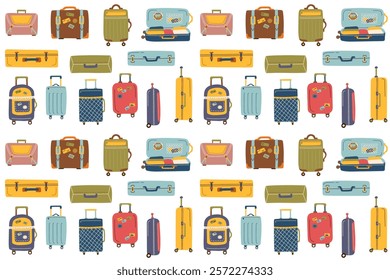 Travel seamless pattern of suitcases on white background in flat style. Concept of travel, vacation, business trip. Vector hand drawn background.