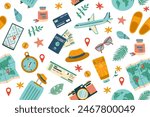Travel seamless pattern. Travel and summer concept. Background of travel objects isolated on white. Hand drawn flat illustration.