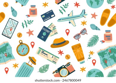 Travel seamless pattern. Travel and summer concept. Background of travel objects isolated on white. Hand drawn flat illustration.