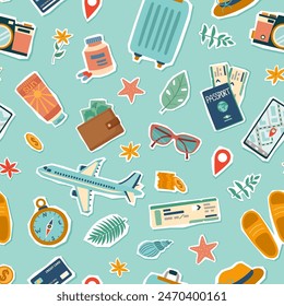 Travel seamless pattern. Travel and summer concept. Background of travel objects isolated on blue. Hand drawn flat illustration.