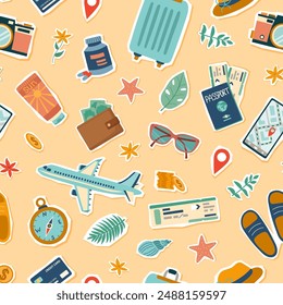 Travel seamless pattern. Travel and summer concept. Background of travel objects isolated on blue. Hand drawn flat illustration.