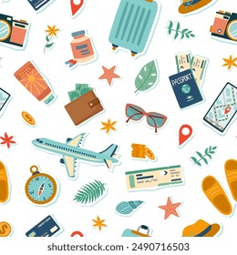 Travel seamless pattern. Travel and summer concept. Background of travel objects isolated on blue. Hand drawn flat illustration.