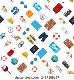 Travel seamless pattern. Summer holiday, tourism and vacation items. Bag photo camera compass, airplane, globe, map, scuba mask, flip flops, cocktail, shirt shorts passport ticket. Vector flat style