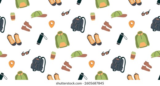 Travel seamless pattern with sweatshirt, backpack, sneakers, cap, socks, thermos, glasses, pointer. Yellow, green, grey, brown colors. Cartoon objects on a white background. Vector design for textile