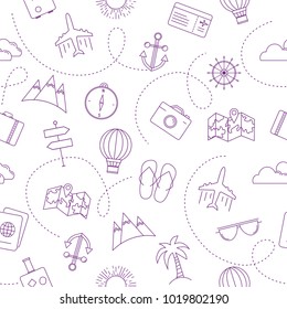 Travel seamless pattern with thin line elements - Shutterstock ID 1019802190