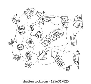 Travel seamless pattern with thin line elements on white background. Set of hand drawn travel doodle. Vector illustration. Tourism and summer sketch with travelling elements.