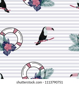 Travel seamless pattern with toucan and life buoy. Lifebuoy with tropical flowers. Sea pattern with a life ring of post cards, covers and fabric.