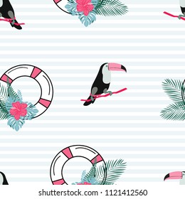 Travel seamless pattern with toucan and life buoy. Lifebuoy with tropical flowers. Sea pattern with a life ring of post cards, covers and fabric.