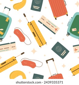 Travel seamless pattern. Tourism accessories endless background. Trip elements repeat cover. Holiday weekend vacation. Vector flat illustration.