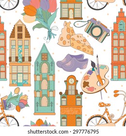 Travel seamless pattern.Set of traditional things of Netherlands:buildings,tulips,bike,cheese,shoes.Set of different travel,romantic things,vacation holiday in Netherlands.Set of travelling symbols