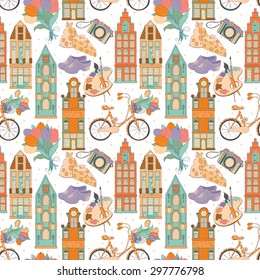 Travel seamless pattern.Set of traditional things of Netherlands:buildings,tulips,bike,cheese,shoes.Set of different travel,romantic things,vacation holiday in Netherlands.Set of travelling symbols