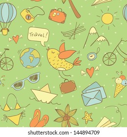 Travel seamless pattern. Traveling theme doodles in color.