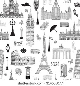 Travel seamless pattern. Vacation in Europe wallpaper. Travel to visit famous places of Europe background.  Landmark tiled pattern.