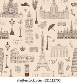 Travel seamless pattern. Vacation in Europe wallpaper. Travel to visit famous places of Europe background. Landmark tiled pattern.