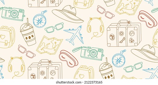 Travel seamless pattern vacation journey doodle line scrapbook wrapper. Vintage camera, sleep mask luggage suitcase headphones plane trendy print. Summer holiday cartoon endless background, packaging