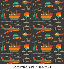 Travel seamless pattern. Vacation trip cartoon signs. Summer journey icons collection. Tourism banner layout. Template background for textile, packaging, print project. Vector retro color illustration