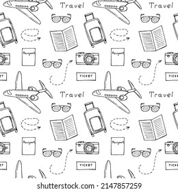 Travel seamless pattern vector illustration, hand drawing doodles