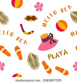 Travel seamless pattern . Vector illustration with sea and beach elements on a white background
