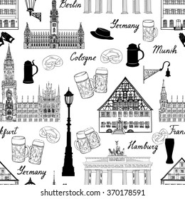 Travel seamless pattern. Visit Germany background with sketch beer mugs. Famous german buildings and landmarks. Vector illustration