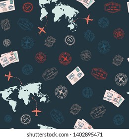 Travel seamless pattern with world map and post and visa stamps. Stock vector