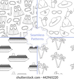 Travel. Seamless patterns set. Summer holiday backgrounds. Vacation. Black and white. 
