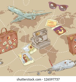 Travel seamless repeating pattern with plane, bag, camera and world map