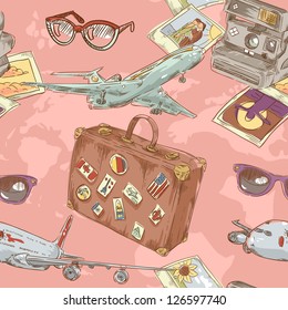 Travel seamless repeating pattern with plane, bag, camera and world map