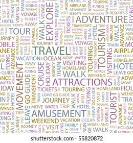 TRAVEL. Seamless vector pattern with word cloud. Illustration with different association terms.