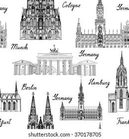 Travel seamlss pattern. Visit Germany background with sketch beer mugs. Famous german buildings and landmarks. Vector illustration